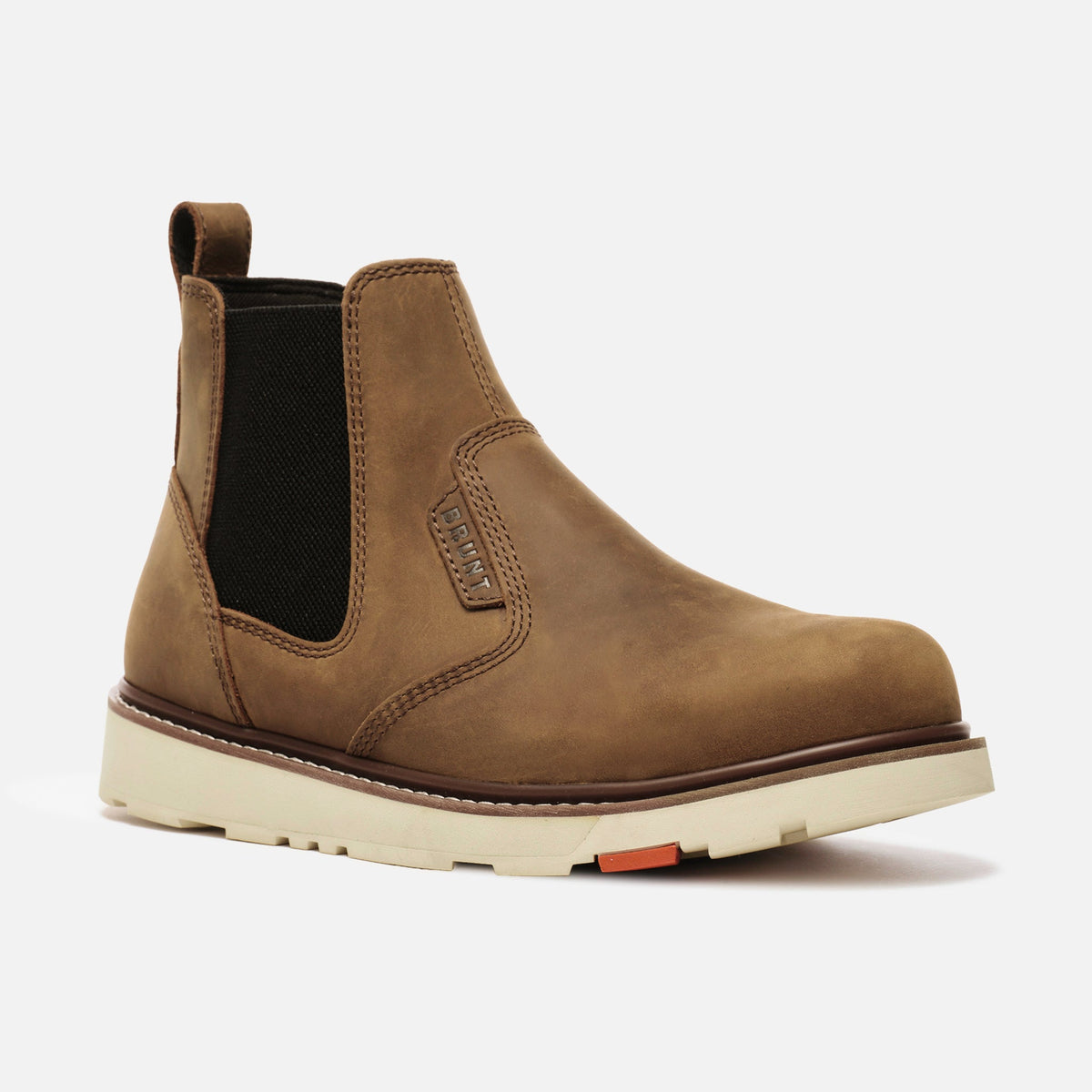 45 degree angle of the right BRUNT 6 inch water-resistant slip-on ohman work boot in brown