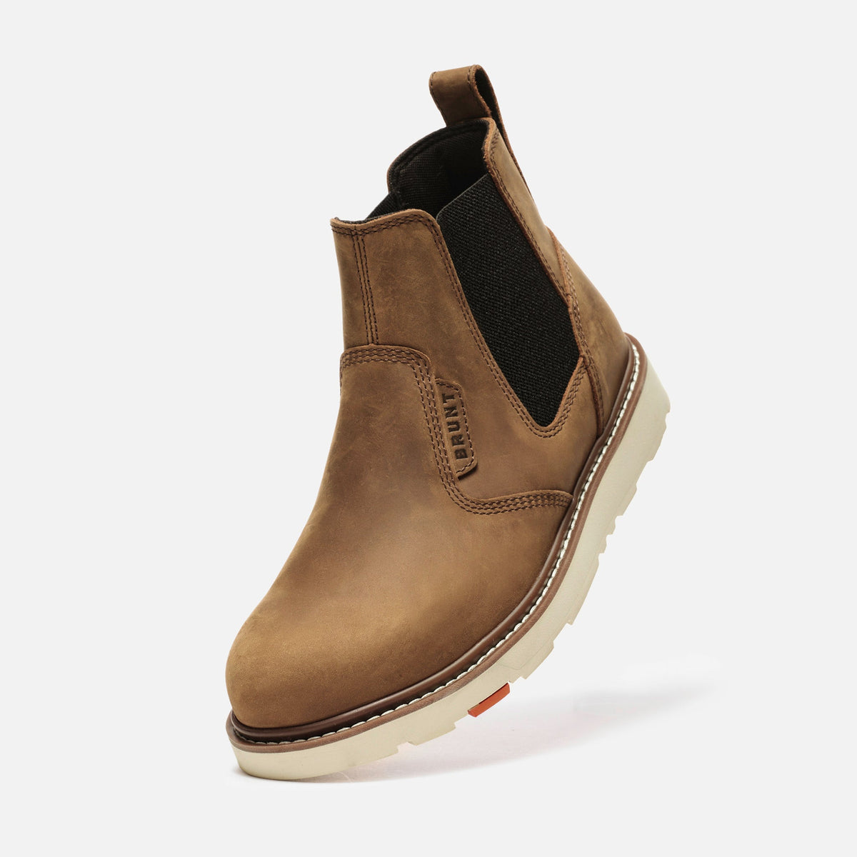 45 degree angle of the left BRUNT 6 inch water-resistant slip-on ohman work boot in brown