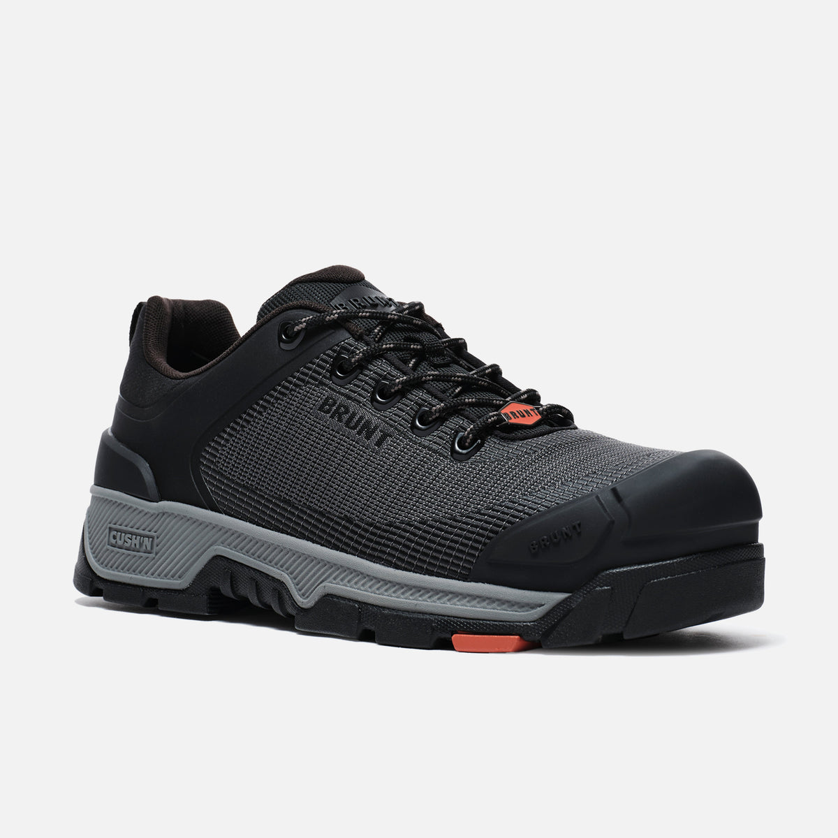 View 2 45 degree angle of the right BRUNT 4 inch low top 90 degree heel composite toe work shoe in black
