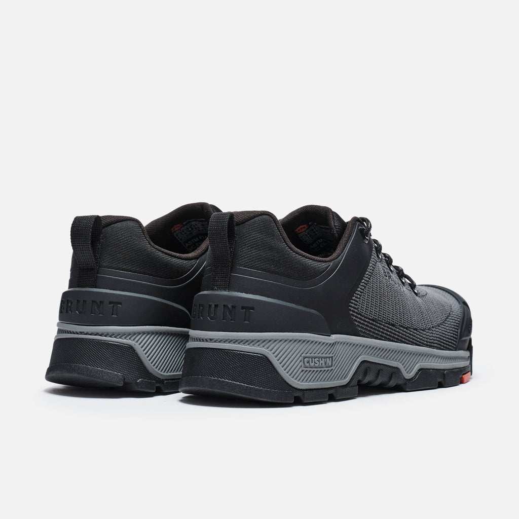 45 degree angle of the back BRUNT 4 inch low top 90 degree heel composite toe work shoe in black