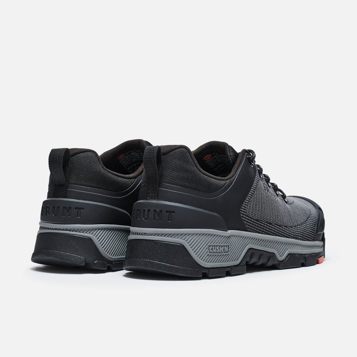 45 degree angle of the back BRUNT 4 inch low top 90 degree heel composite toe work shoe in black
