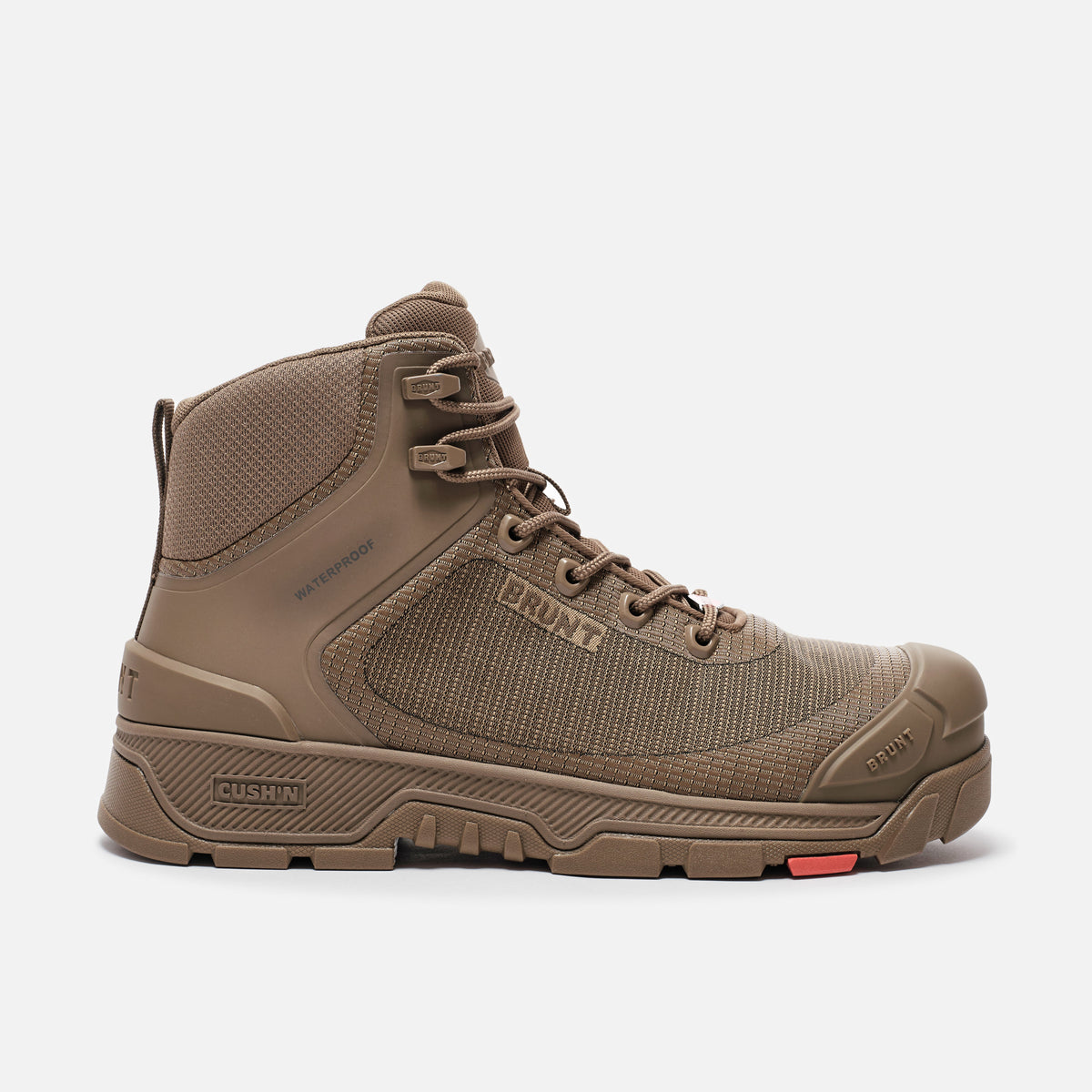 Right side of the BRUNT 6 inch lightweight 90 degree heel work boot in coyote
