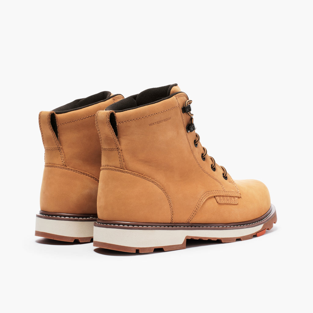 45 degree angle of the back limited edition BRUNT 6 inch waterproof composite toe sullivan work boot in wheat
