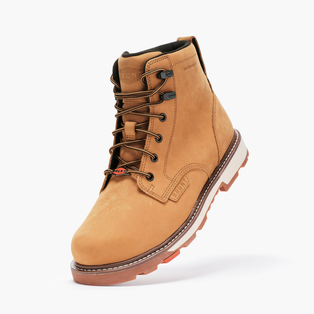 45 degree angle of the left limited edition BRUNT 6 inch waterproof composite toe sullivan work boot in wheat