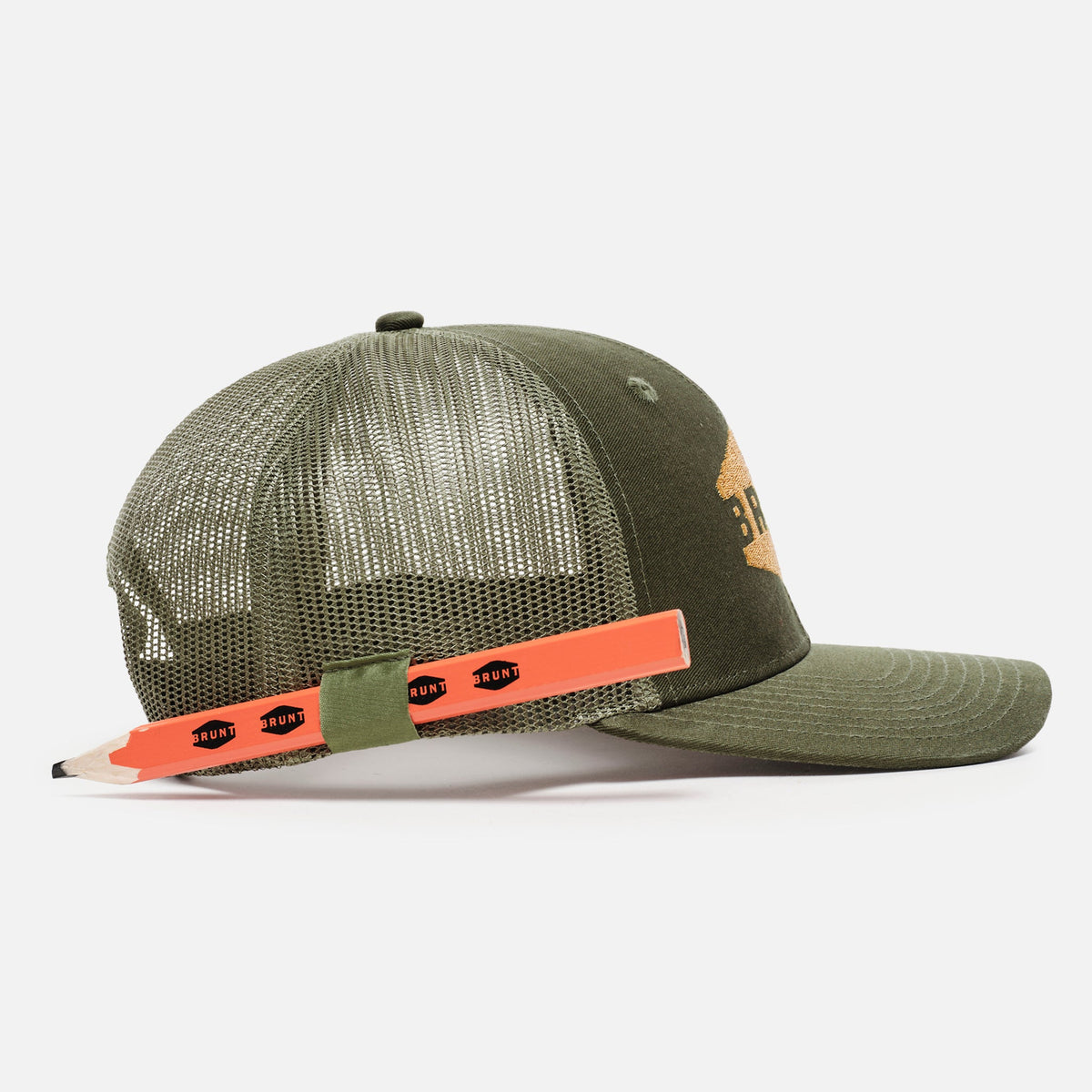 Right side of curved brim work hat with built in pencil holder and BRUNT logo in army green and gold