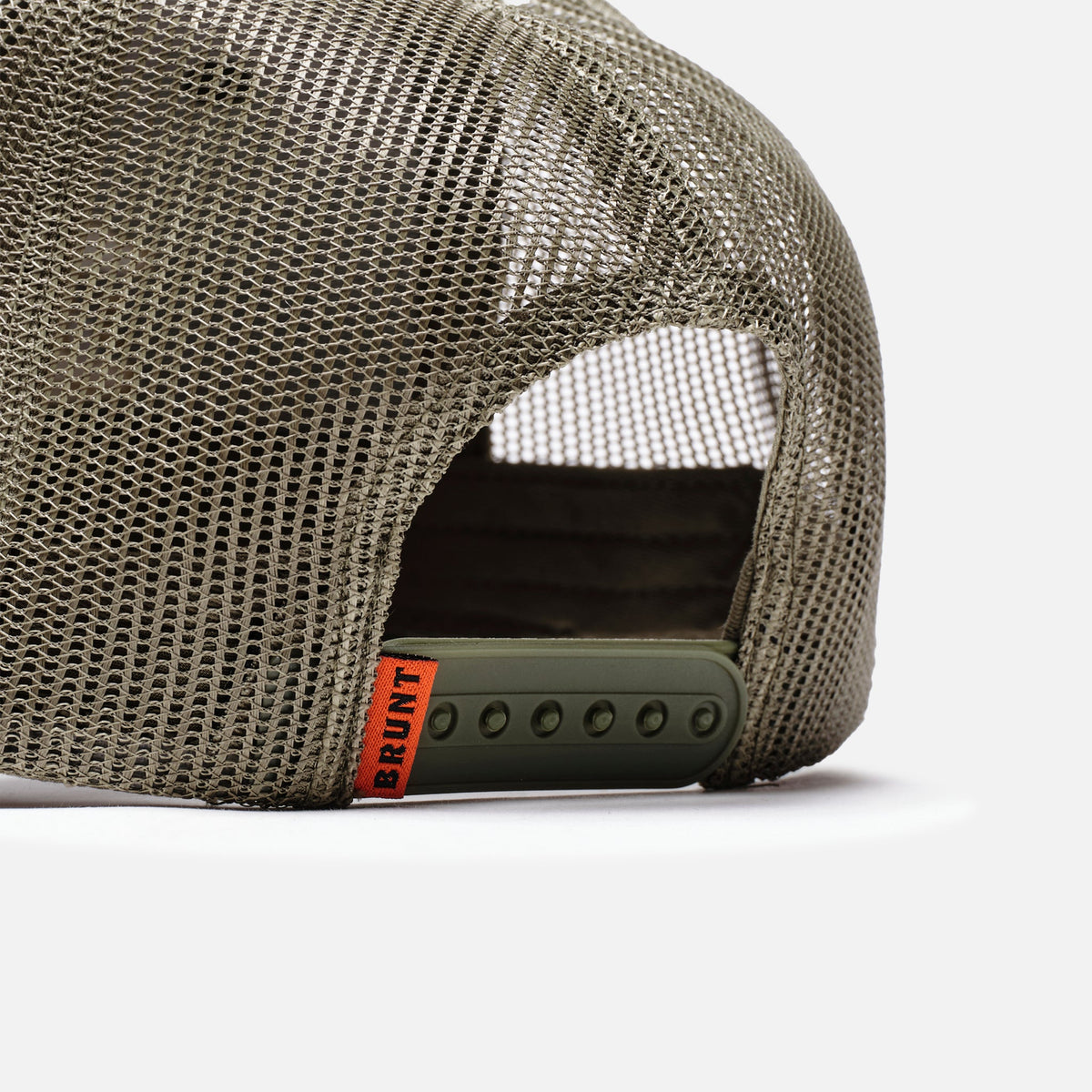 Back snaps of curved brim work hat with built in pencil holder and BRUNT logo in army green and gold