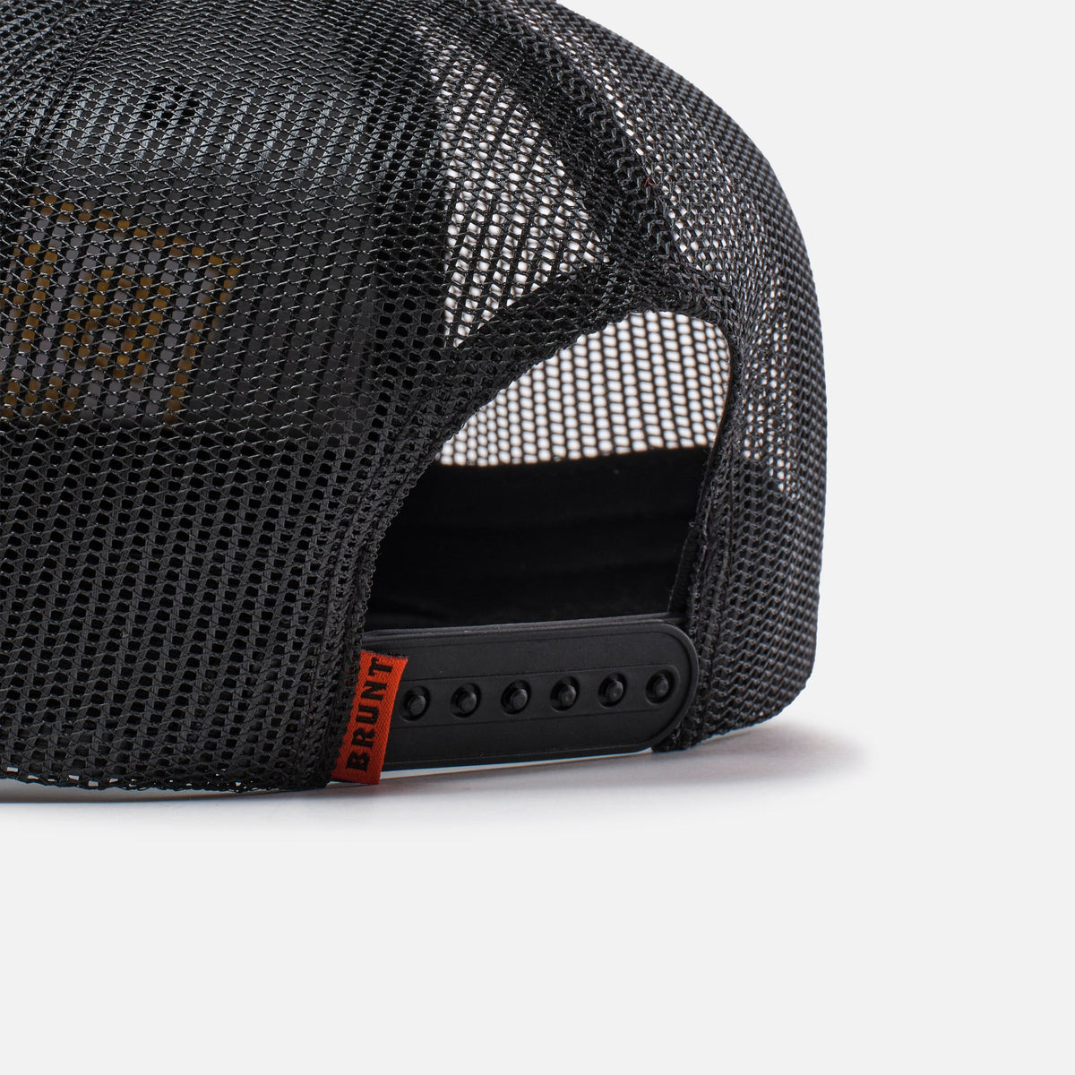 Back snaps of flat brim work hat with built in pencil holder and BRUNT logo in black and gold * 1