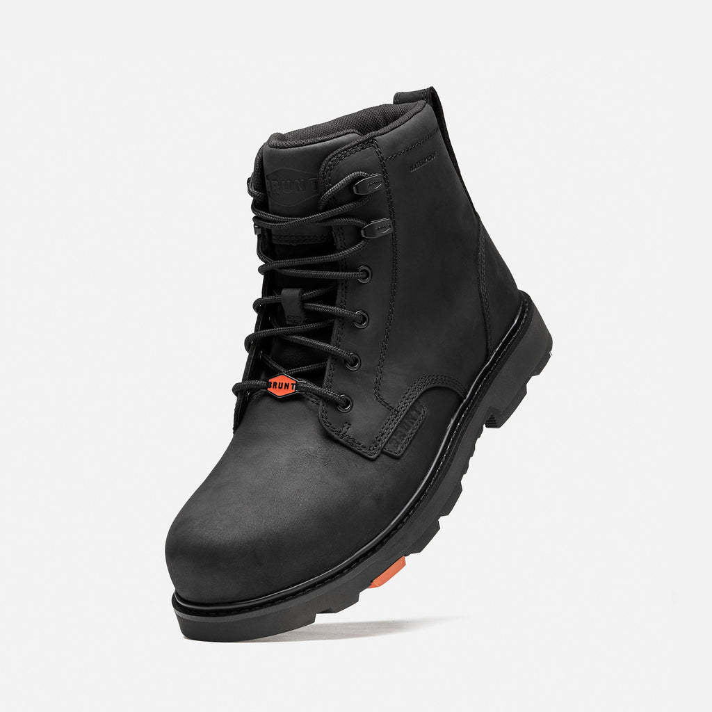45 degree angle of the left BRUNT 6 inch waterproof sullivan work boot in all-black