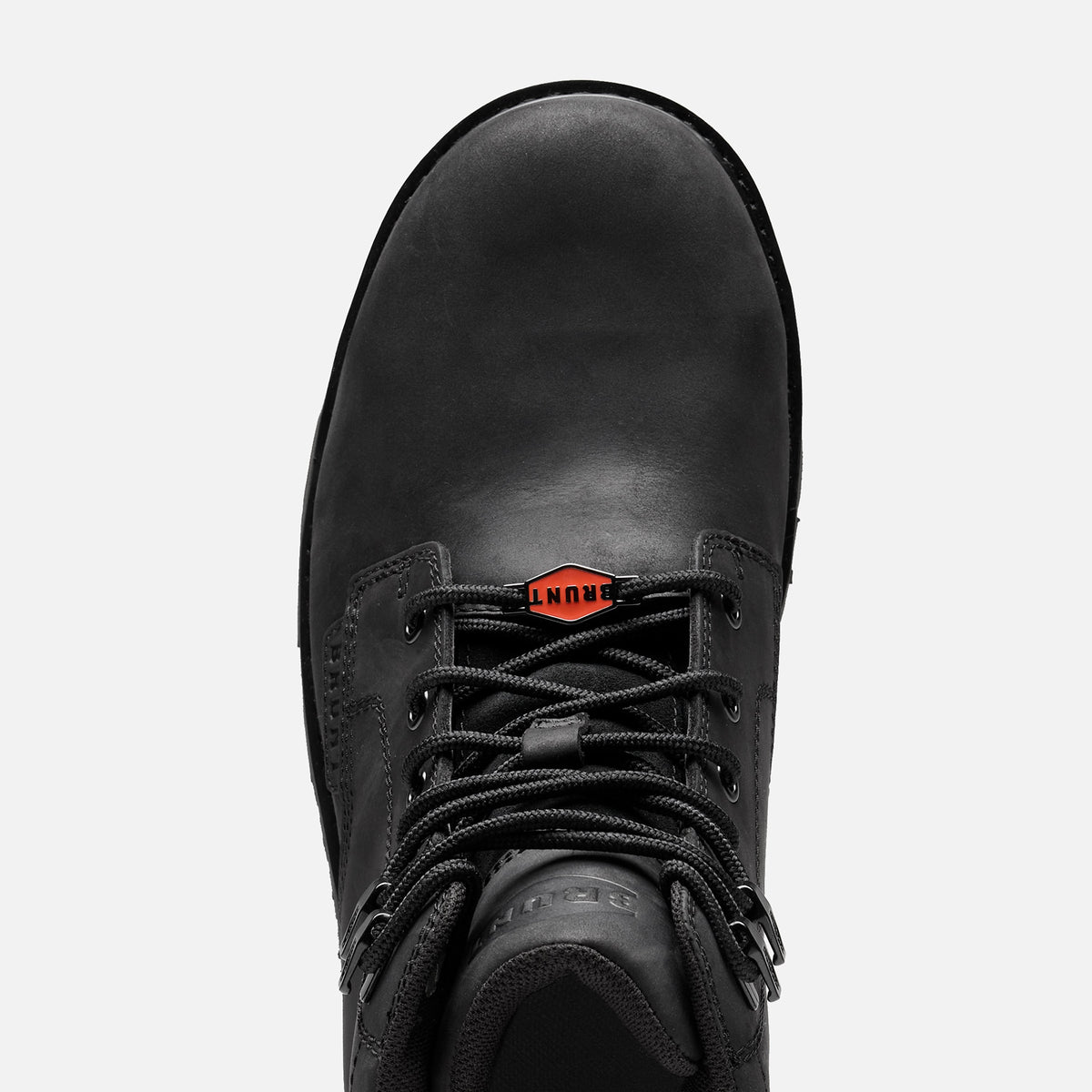 Above shot of the toe shape of the  BRUNT 6 inch waterproof sullivan work boot in all-black
