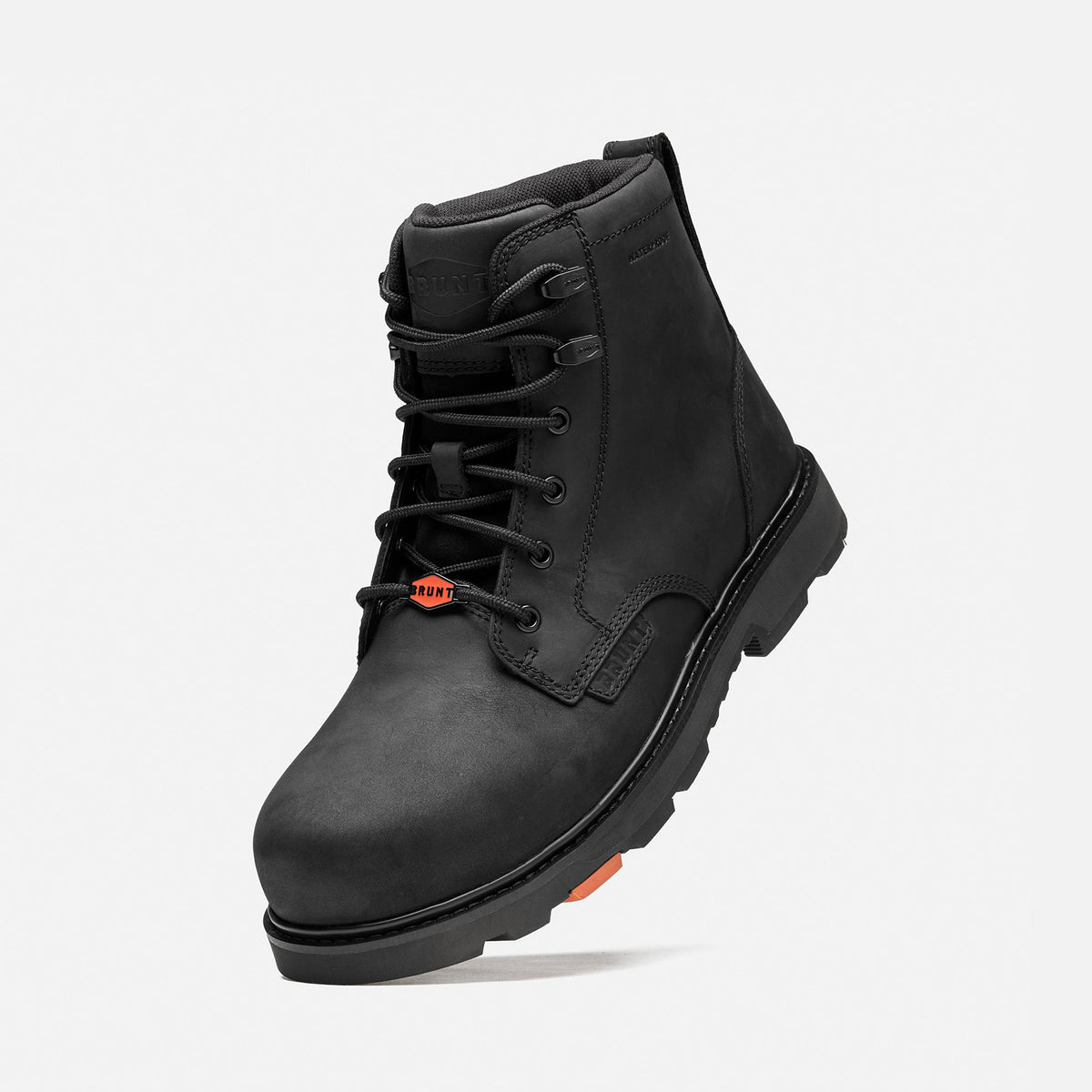 45 degree angle of the back BRUNT 6 inch waterproof composite toe sullivan work boot in all-black