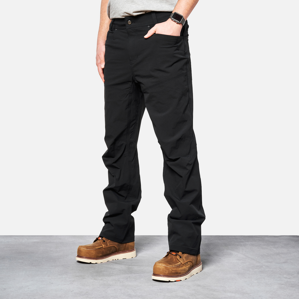 45 degree angle of front left side of BRUNT water-resistant lightweight breathable costello work pant in black * 3