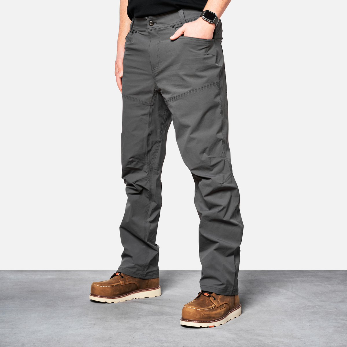 45 degree angle of front left side of BRUNT water-resistant lightweight breathable costello work pant in charcoal * 1