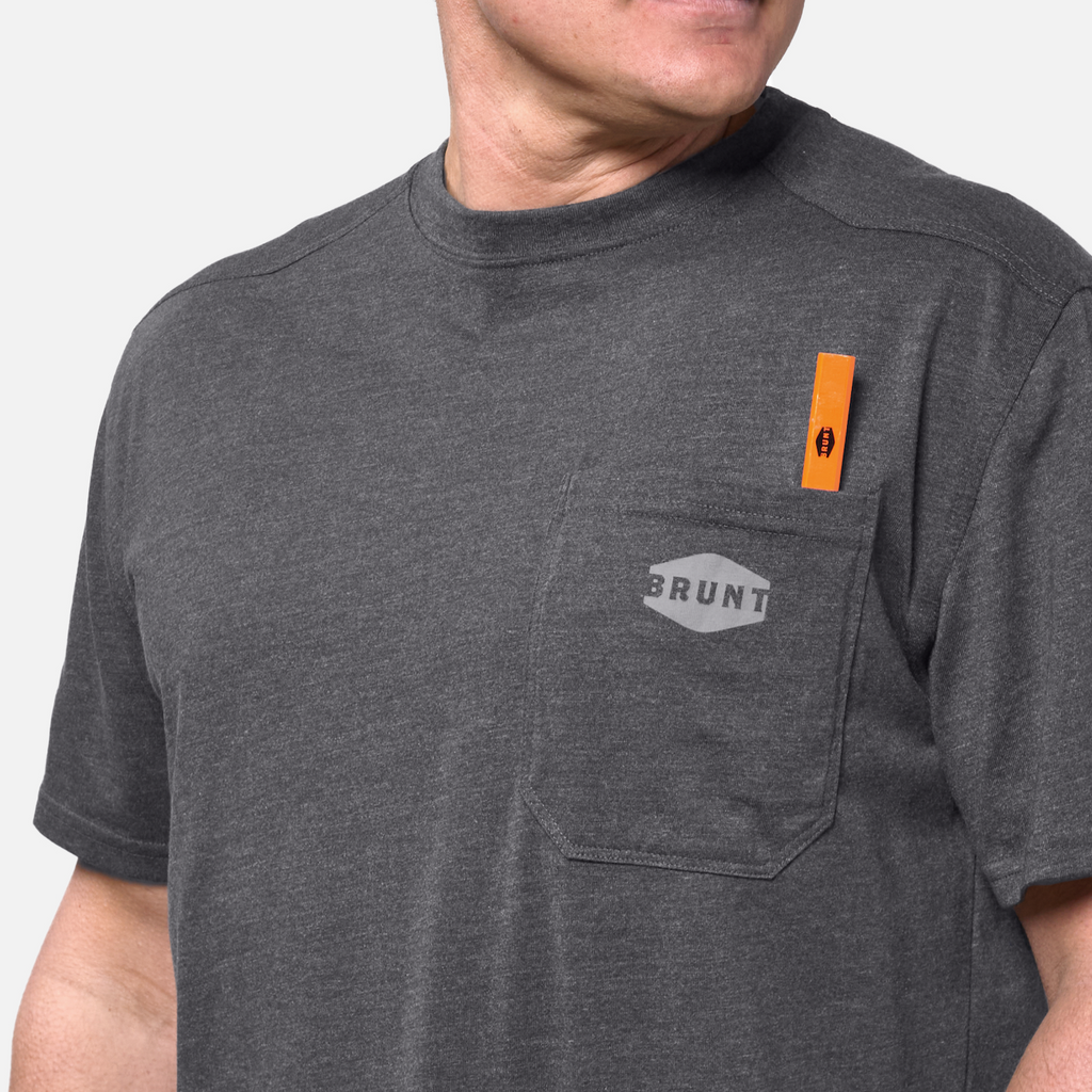 View 2 front of chest pocket with pencil slot of the BRUNT high quality short sleeve pocket tee in dark grey * 2
