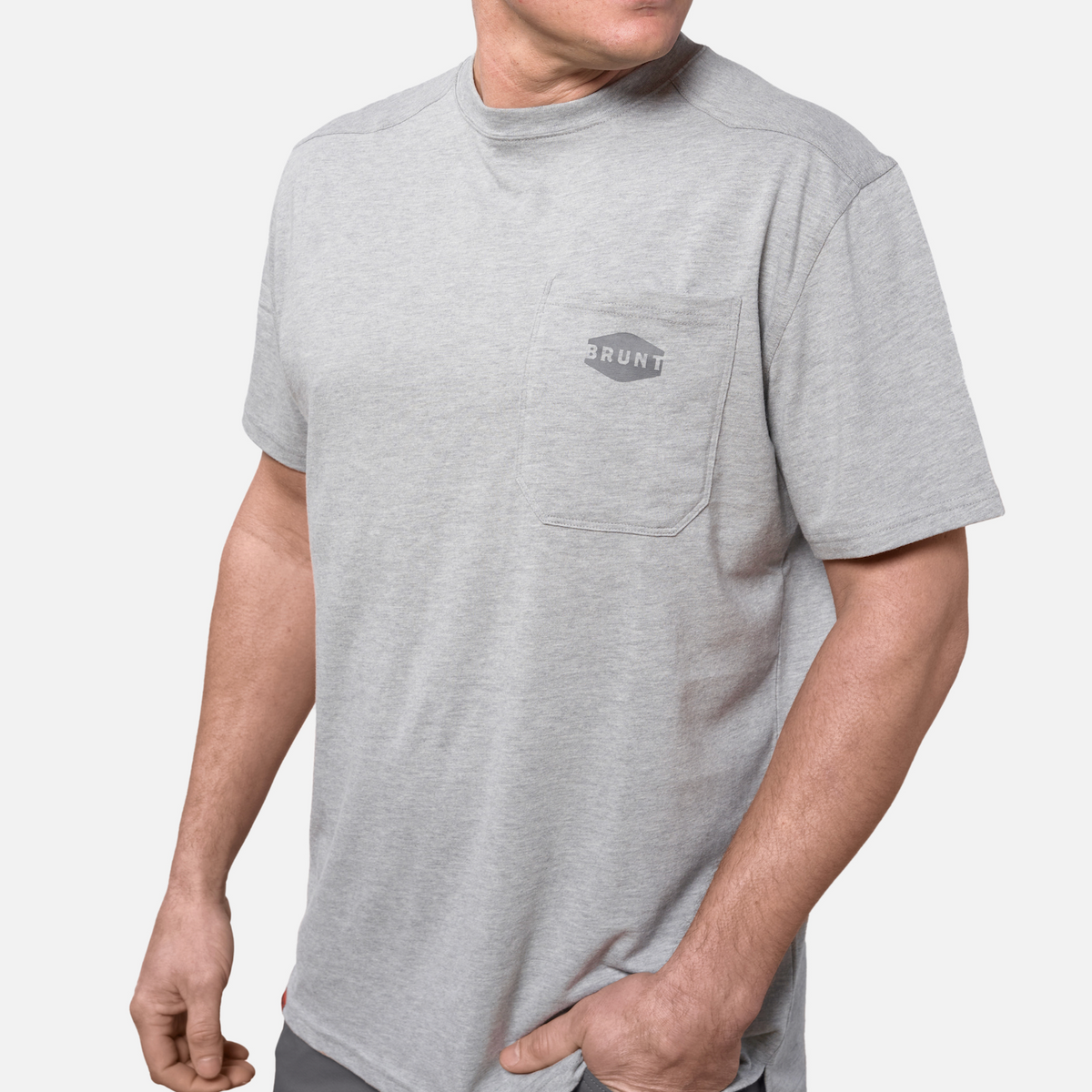 45 degree angle of the front left BRUNT high quality short sleeve pocket tee in light grey heather * 3