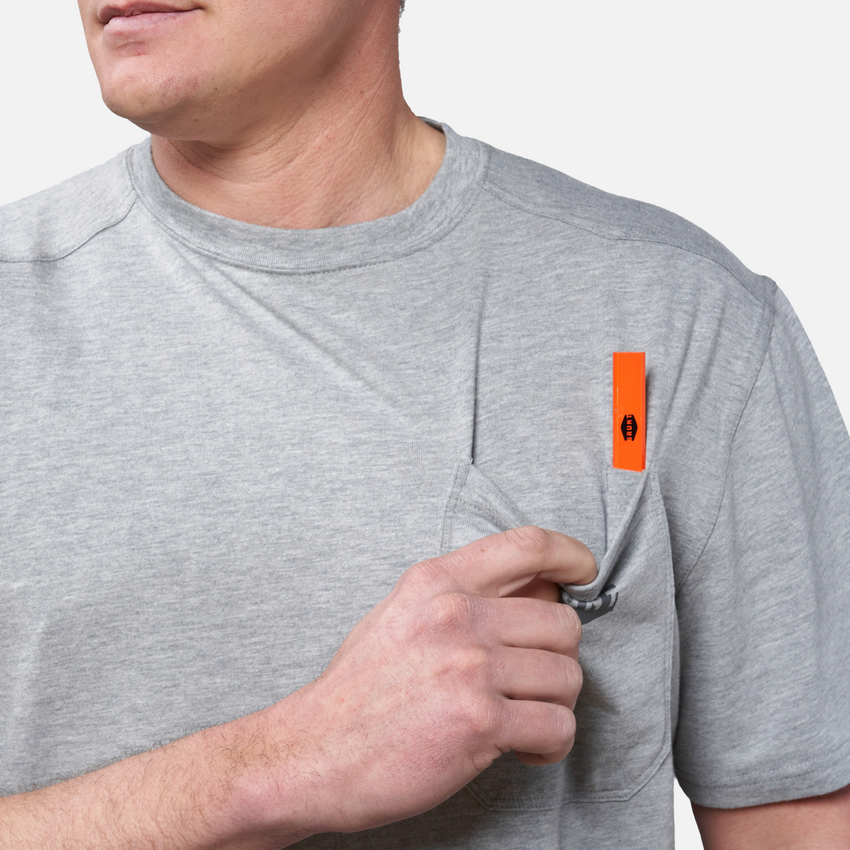 View 2 front of chest pocket with pencil slot of the BRUNT high quality short sleeve pocket tee in light grey heather * 3