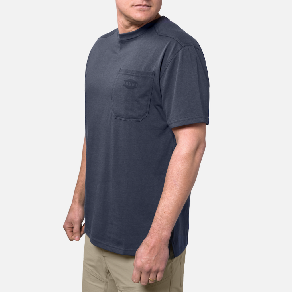 45 degree angle of the front left BRUNT high quality short sleeve pocket tee in navy * 9