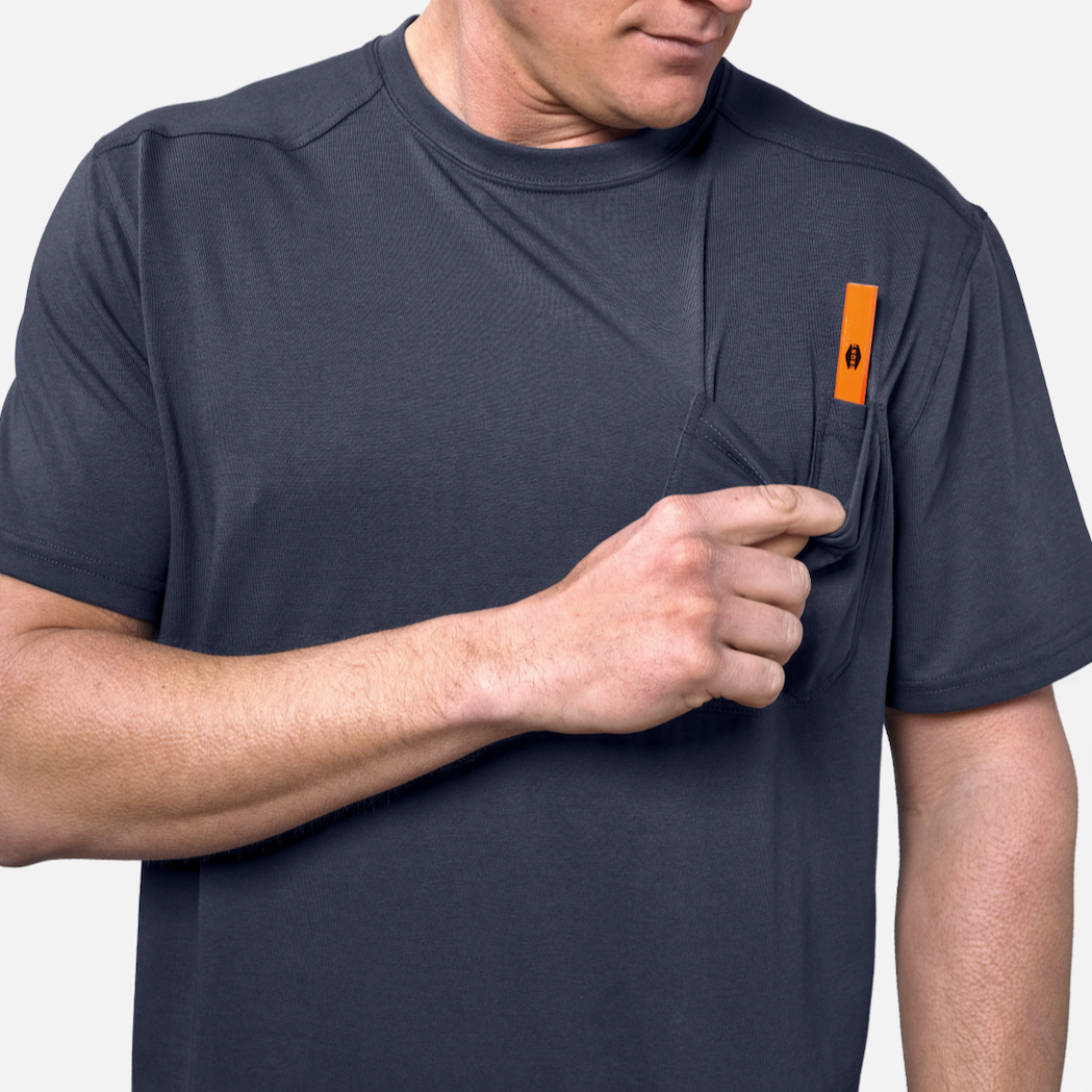 View 2 front of chest pocket with pencil slot of the BRUNT high quality short sleeve pocket tee in navy * 9