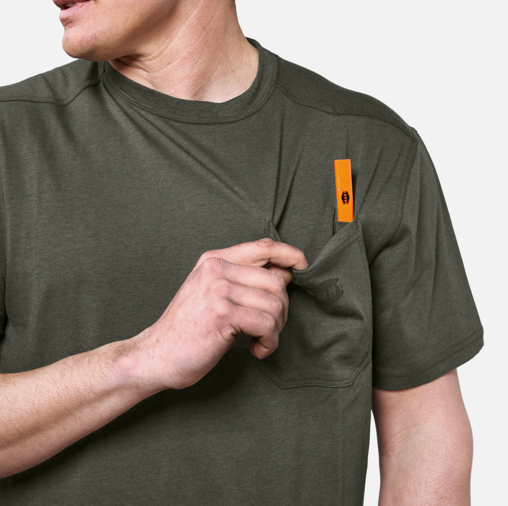 View 2 front of chest pocket with pencil slot of the BRUNT high quality short sleeve pocket tee in army green * 8
