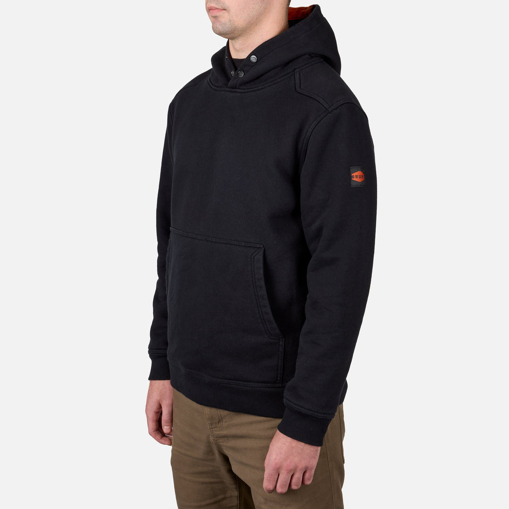 45 degree angle of the BRUNT heavyweight water-resistant workwear hoodie in black