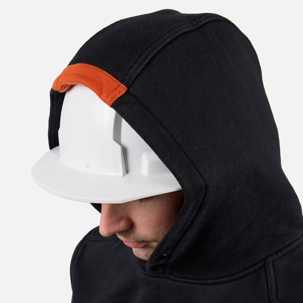 Hard hat compatible hood of the BRUNT heavyweight water-resistant workwear hoodie in black