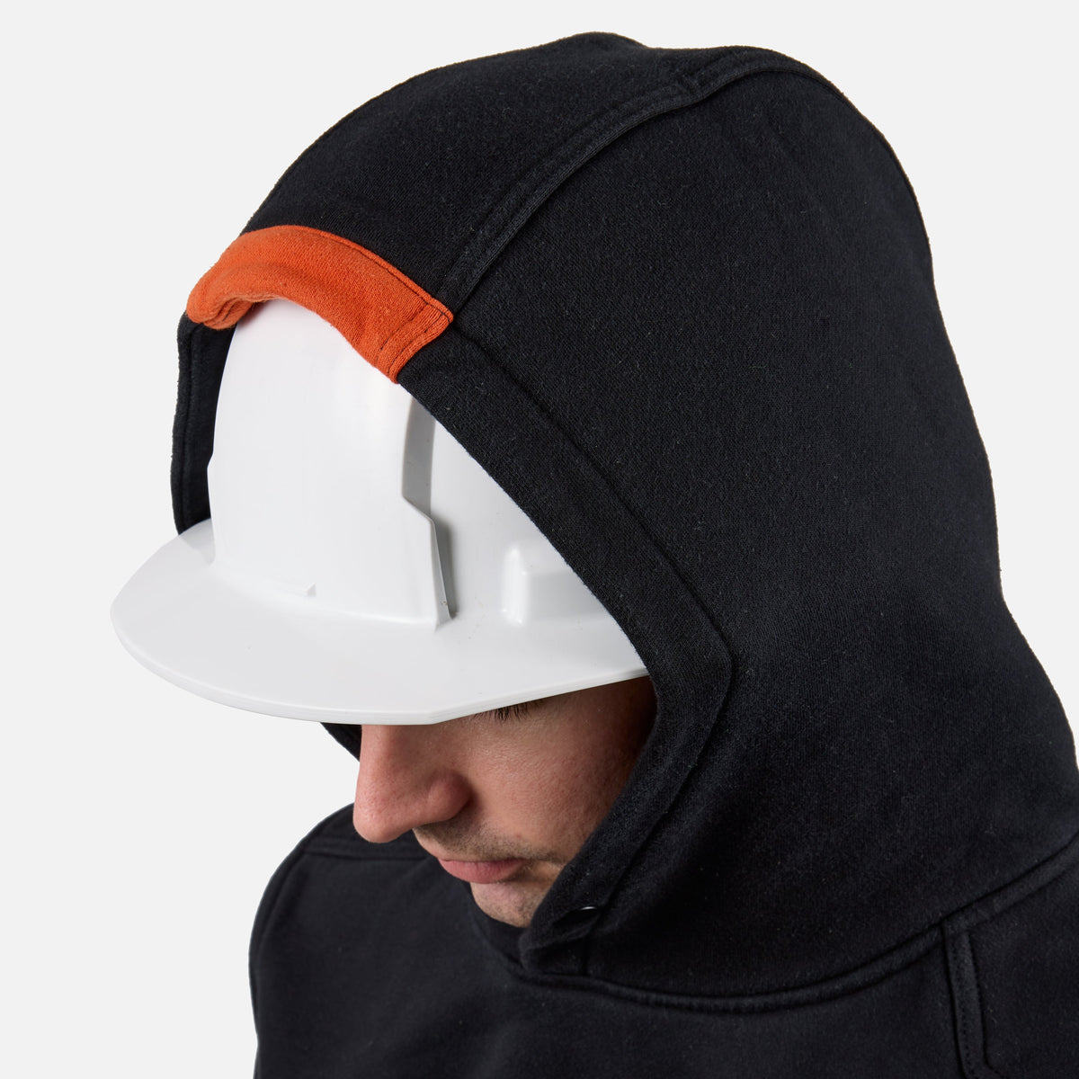 Hard hat compatible hood of the BRUNT heavyweight water-resistant workwear hoodie in black