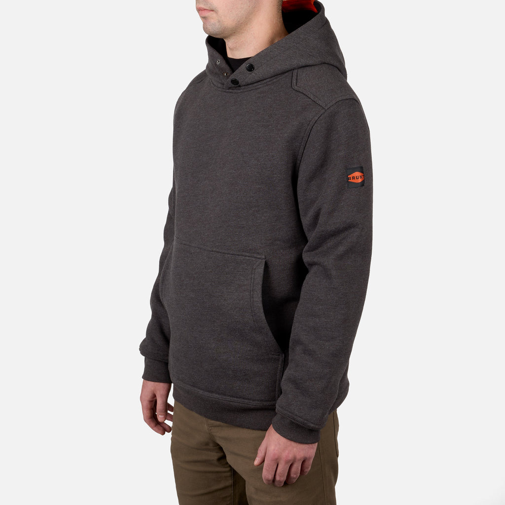 45 degree angle of the BRUNT heavyweight water-resistant workwear hoodie in dark grey heather