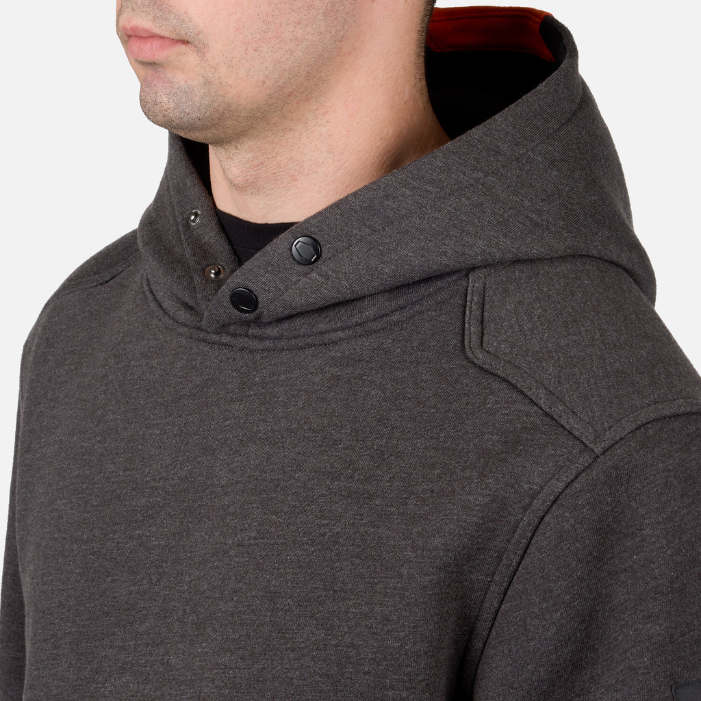 Front of button snaps of the BRUNT heavyweight water-resistant workwear hoodie in dark grey heather