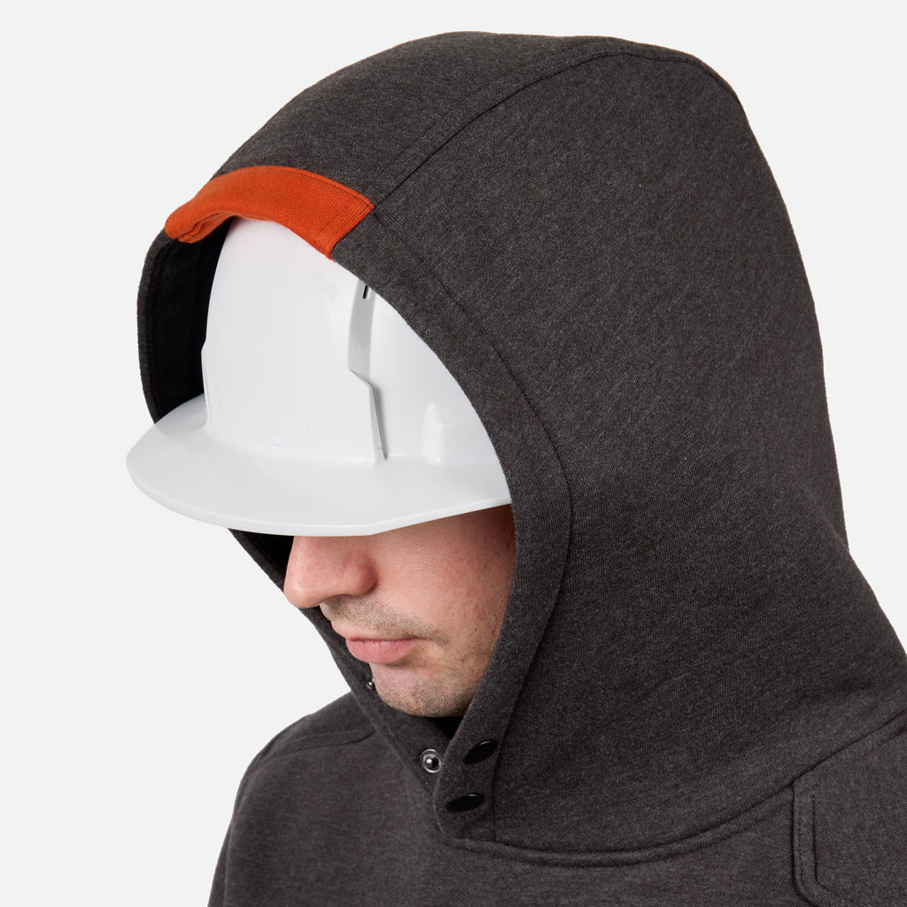 Hard hat compatible hood of the BRUNT heavyweight water-resistant workwear hoodie in dark grey heather