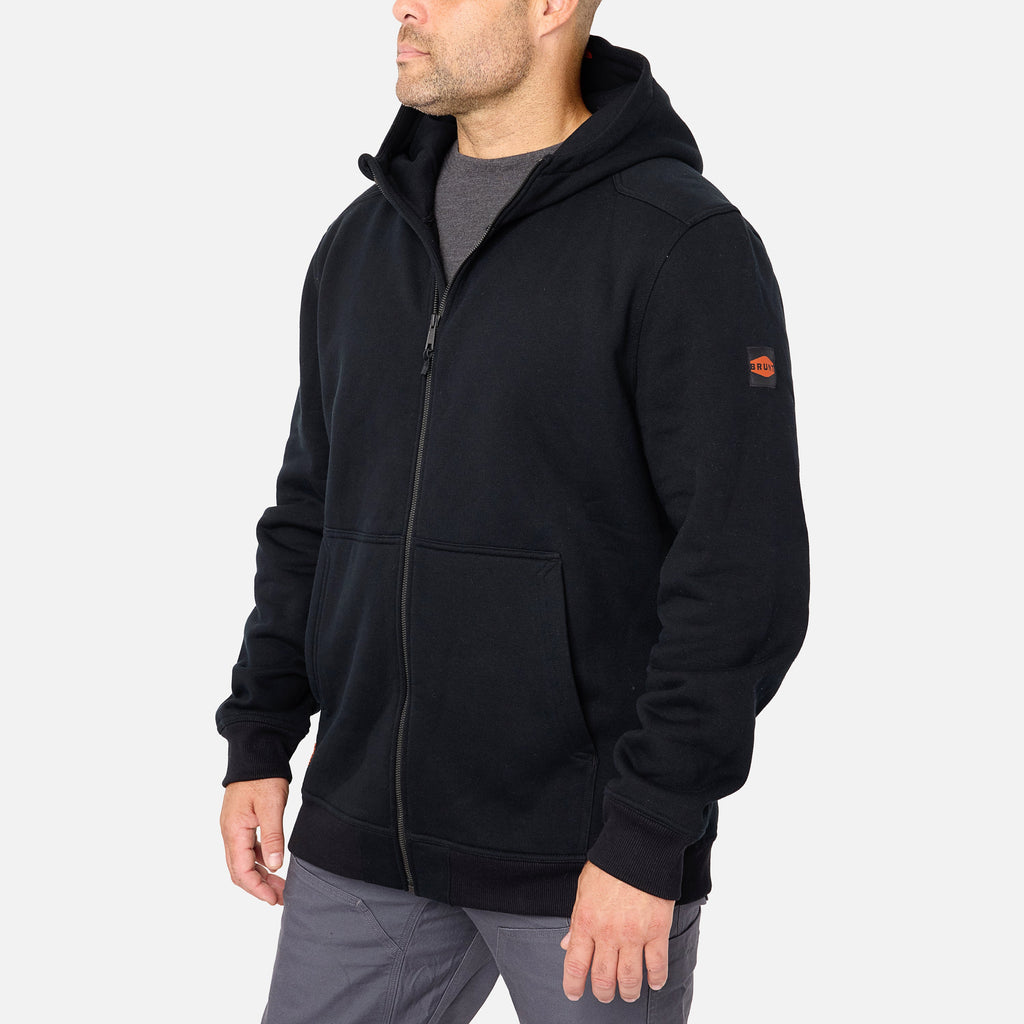 45 degree angle of the front left side of the BRUNT water resistant full zip shevlin work hoodie in black * 2