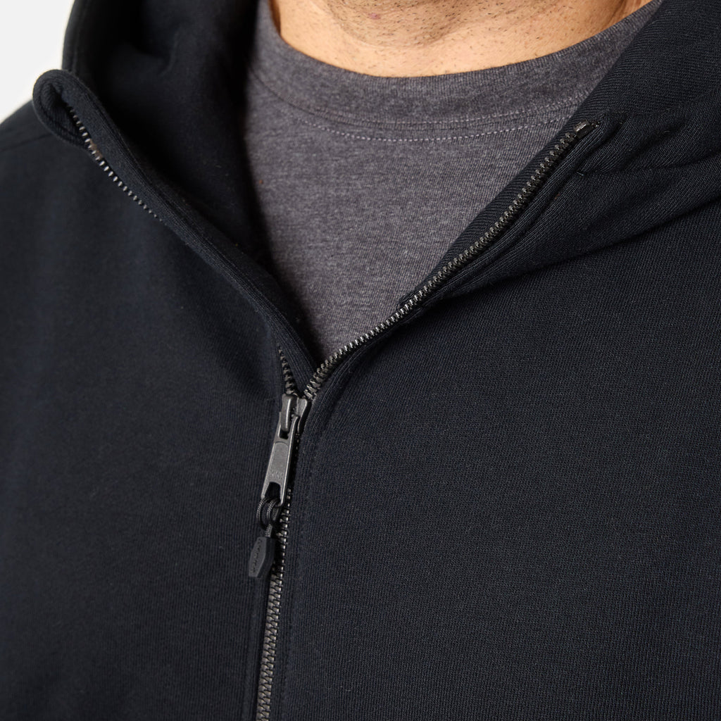 Front of the YKK metaluxe zipper of the BRUNT water resistant full zip shevlin work hoodie in black * 2