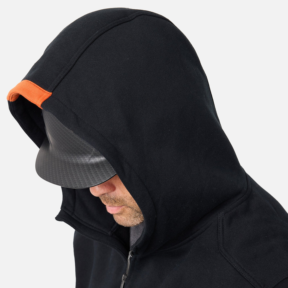View 2 hard hat compatible hood of the BRUNT water resistant full zip shevlin work hoodie in black * 2