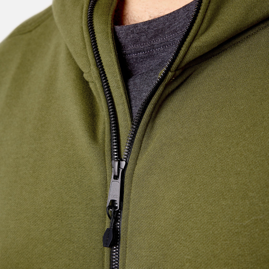 Front of the YKK metaluxe zipper of the BRUNT water resistant full zip shevlin work hoodie in hunter green * 0
