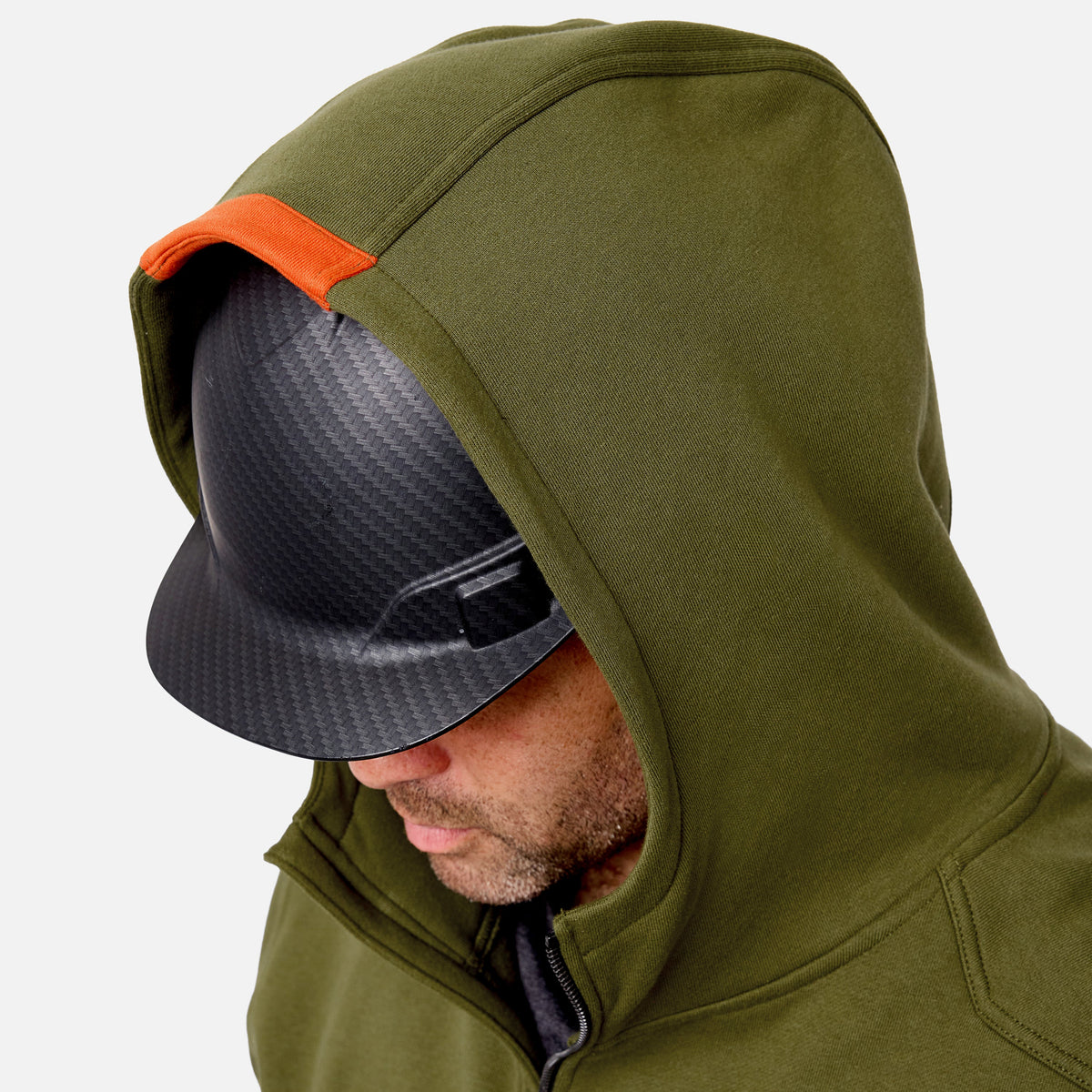 View 2 hard hat compatible hood of the BRUNT water resistant full zip shevlin work hoodie in hunter green * 0