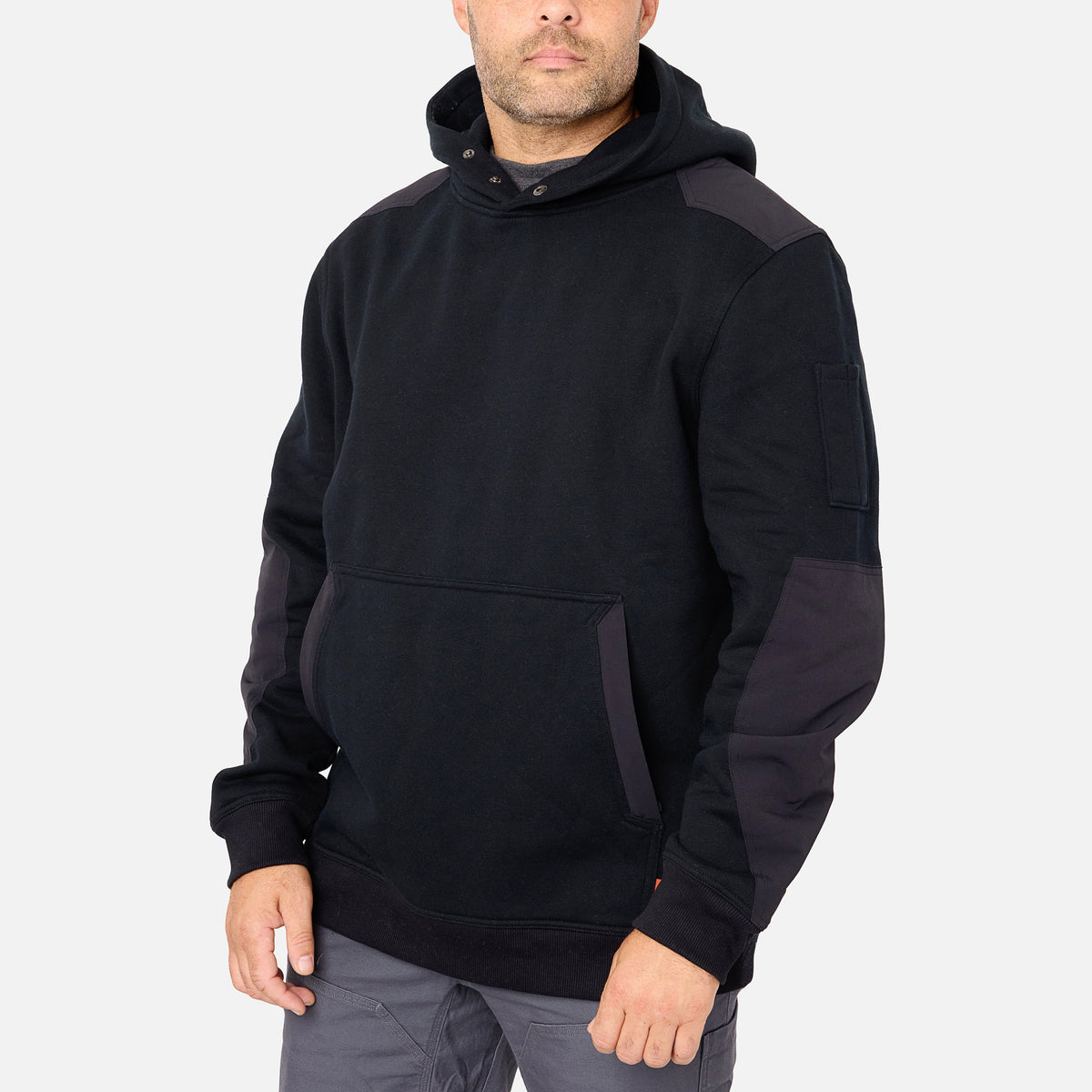 45 degree angle of the front left side of the BRUNT water resistant heavy duty shevlin work hoodie in black * 1