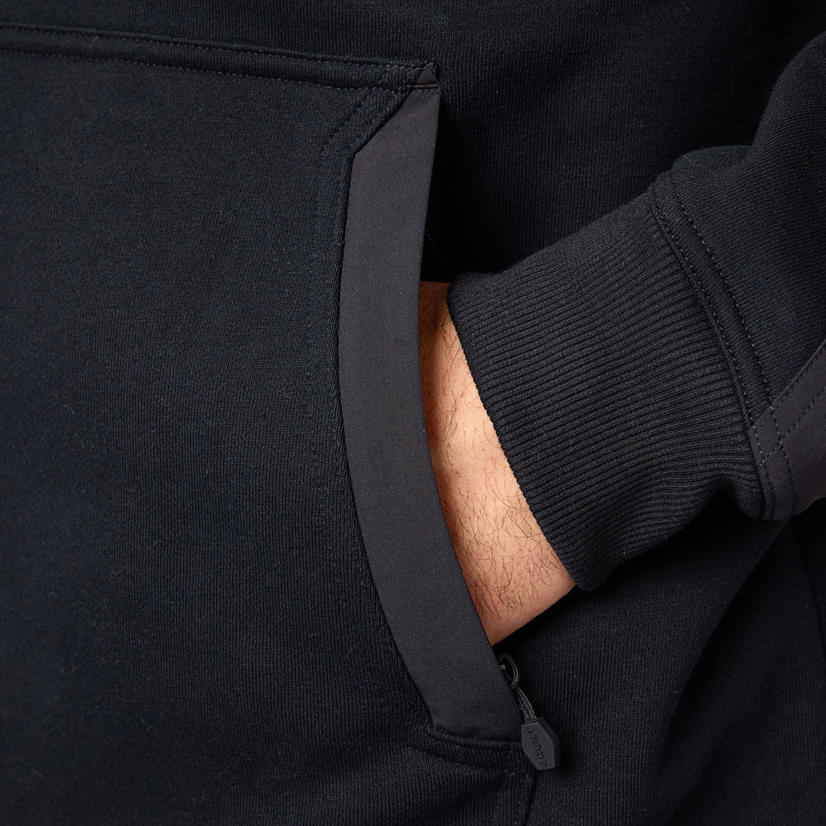 Front of hand pocket of the BRUNT water resistant heavy duty shevlin work hoodie in black * 1
