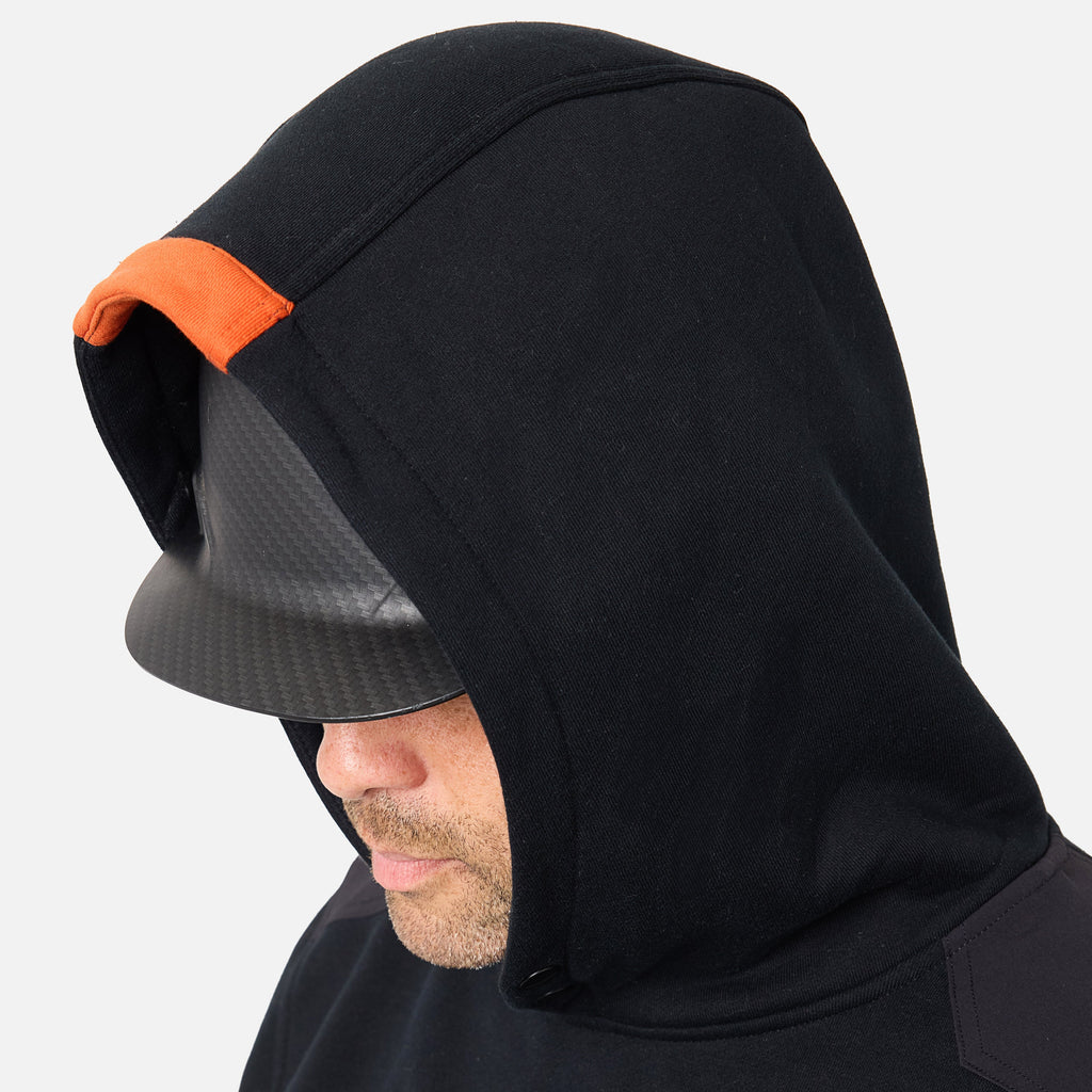View 2 hard hat compatible hood of the BRUNT water resistant heavy duty shevlin work hoodie in black * 1