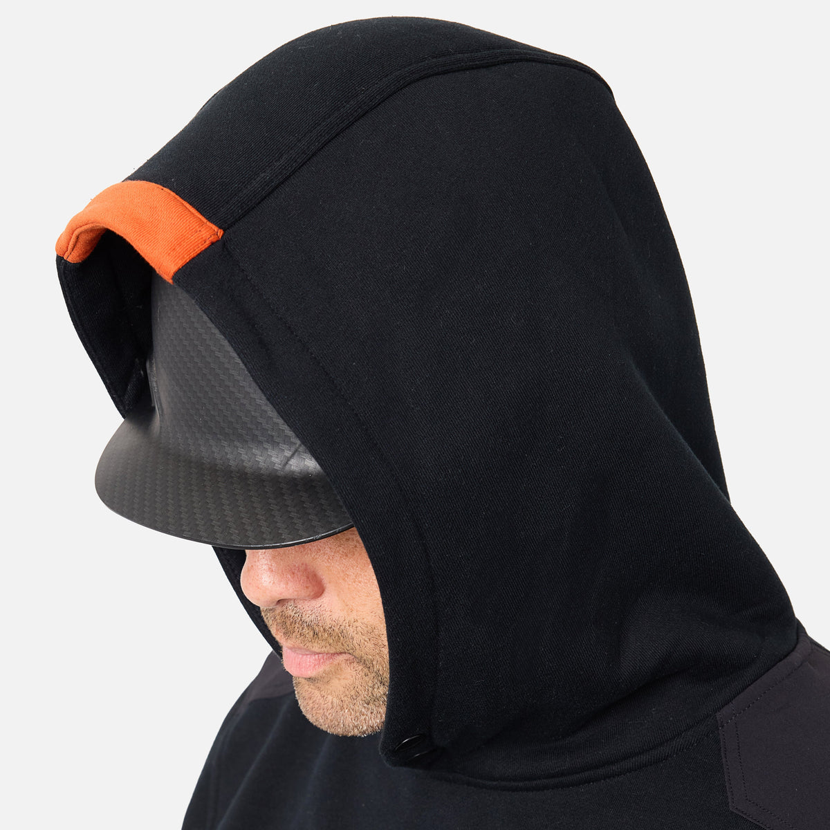 View 2 hard hat compatible hood of the BRUNT water resistant heavy duty shevlin work hoodie in black * 1