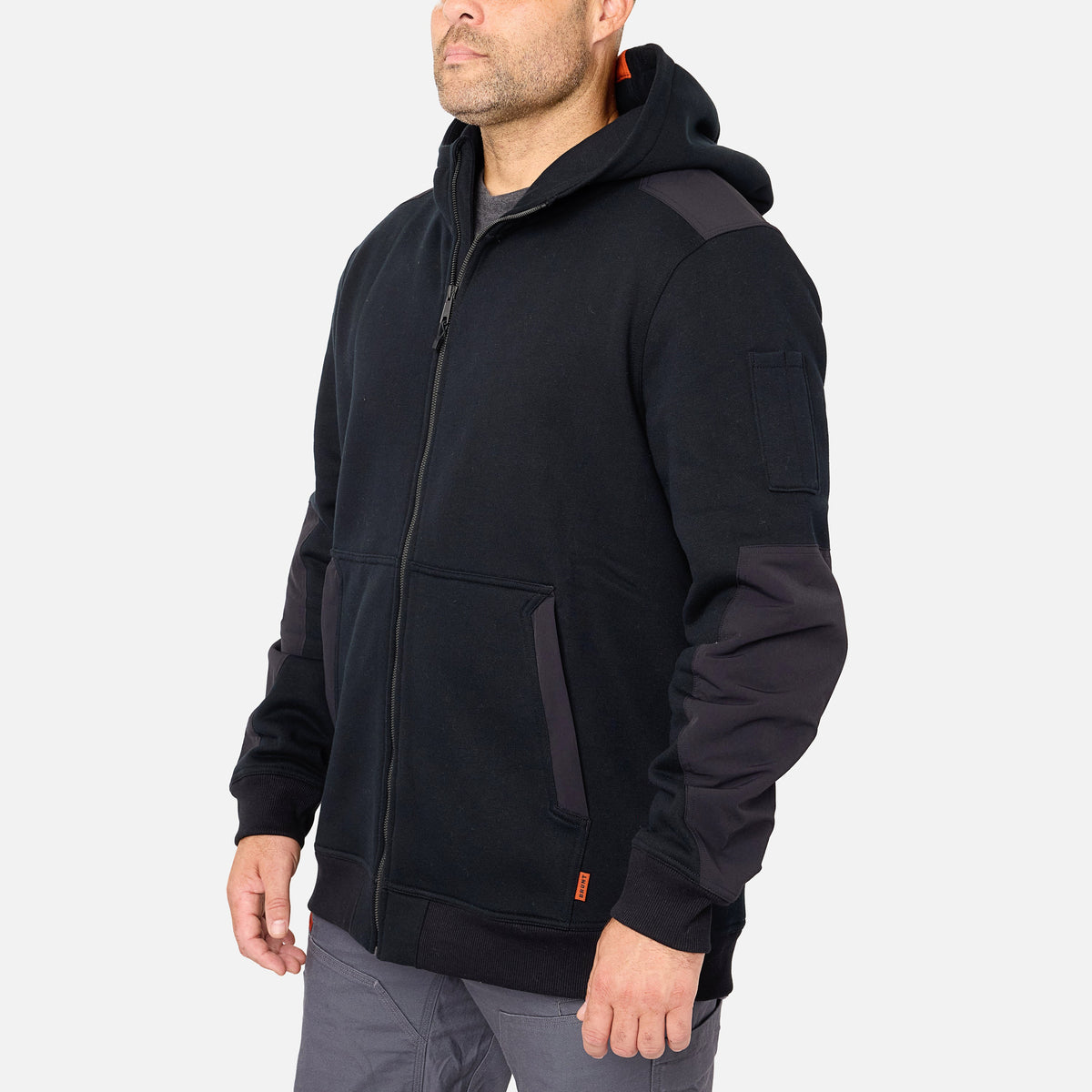 45 degree angle of the front left side of the BRUNT water resistant heavy duty full zip shevlin work hoodie in black * 0