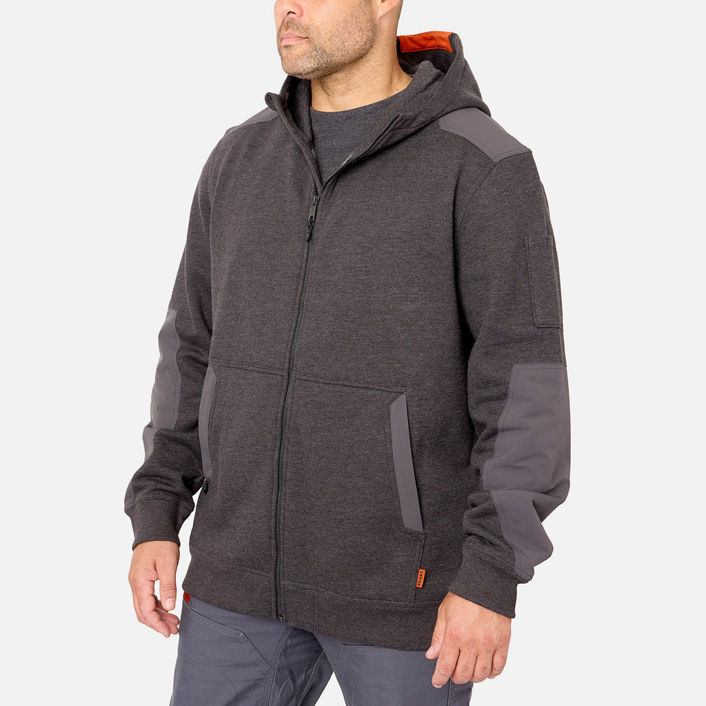 45 degree angle of the front left side of the BRUNT water resistant heavy duty full zip shevlin work hoodie in dark grey heather * 1