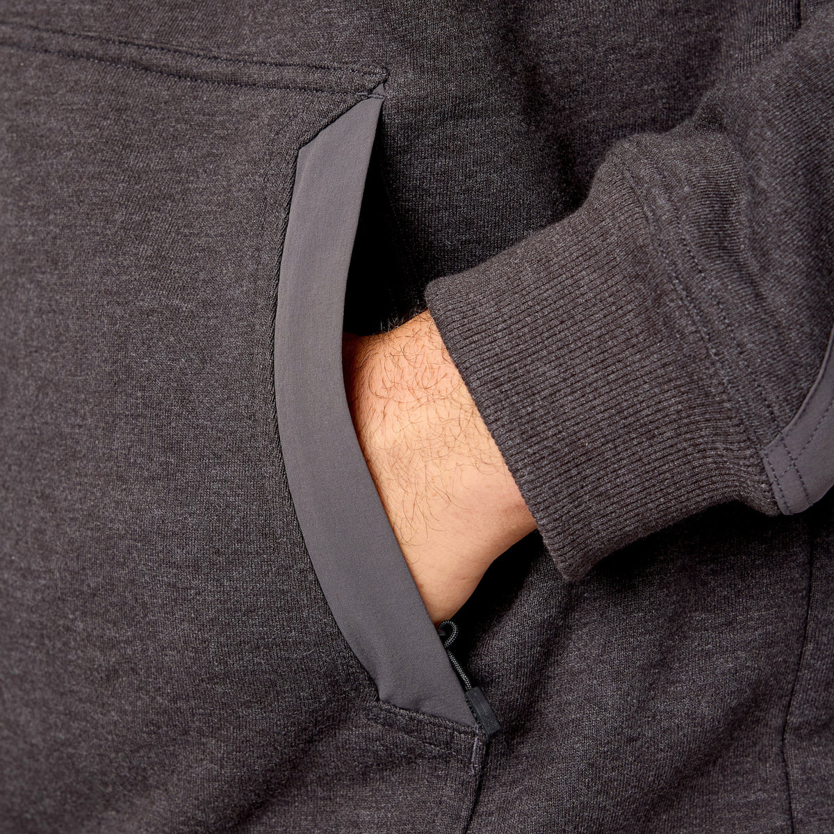 Front of hand pocket of the BRUNT water resistant heavy duty full zip shevlin work hoodie in dark grey heather * 1
