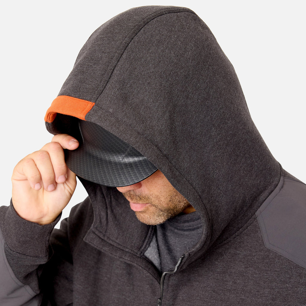 View 2 hard hat compatible hood of the BRUNT water resistant heavy duty full zip shevlin work hoodie in dark grey heather * 1