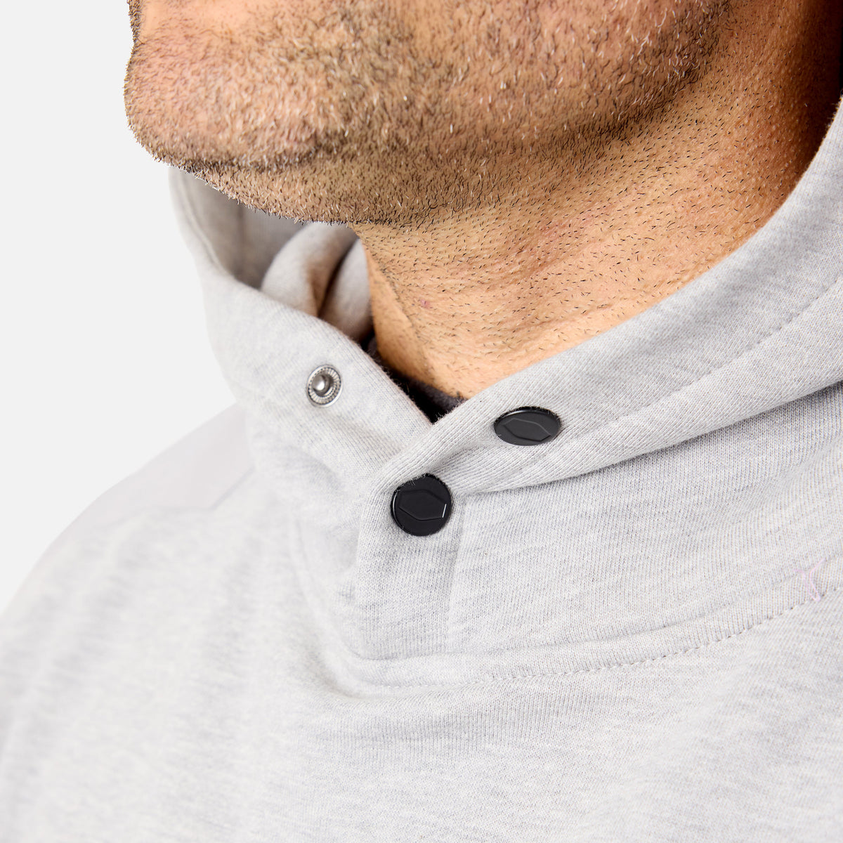 Front of button snaps of the BRUNT water resistant heavy duty shevlin work hoodie in grey heather * 0