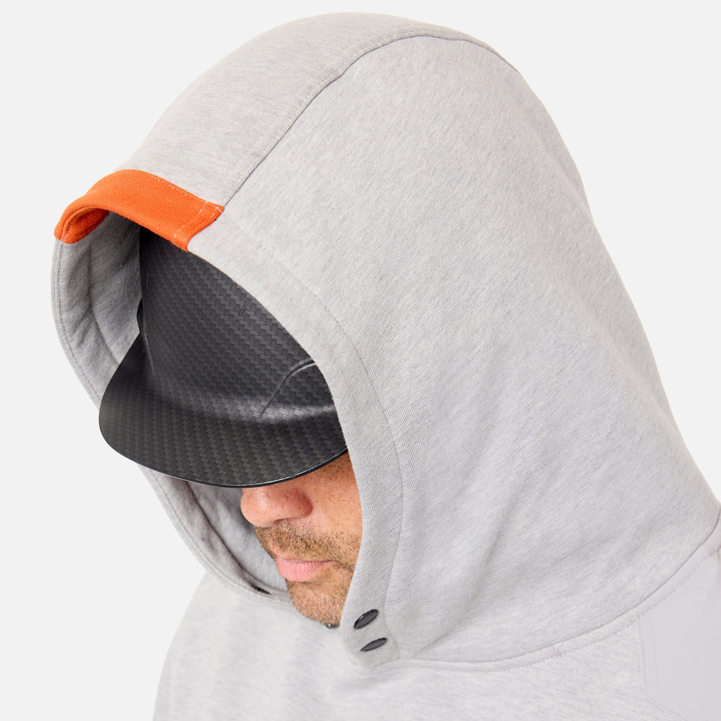 View 2 hard hat compatible hood of the BRUNT water resistant heavy duty shevlin work hoodie in grey heather * 0