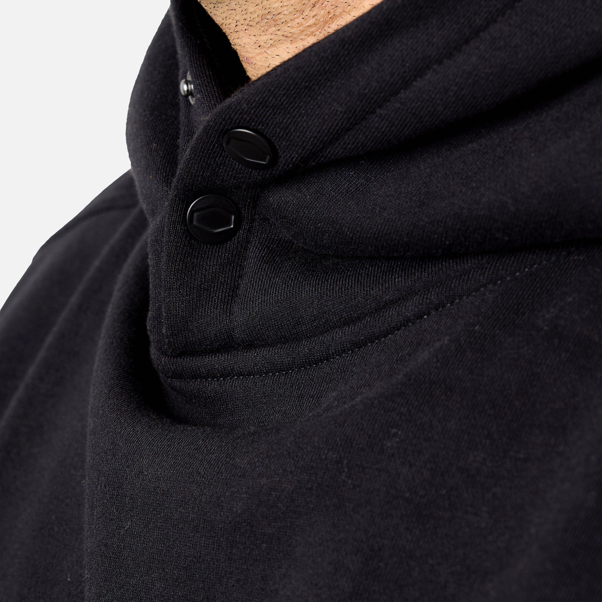 View 2 front of button snaps of the BRUNT water resistant shevlin work hoodie in black
