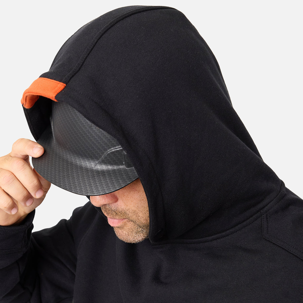 Hard hat compatible hood of the limited edition BRUNT water resistant shevlin work hoodie in black with BRUNT on chest * 2