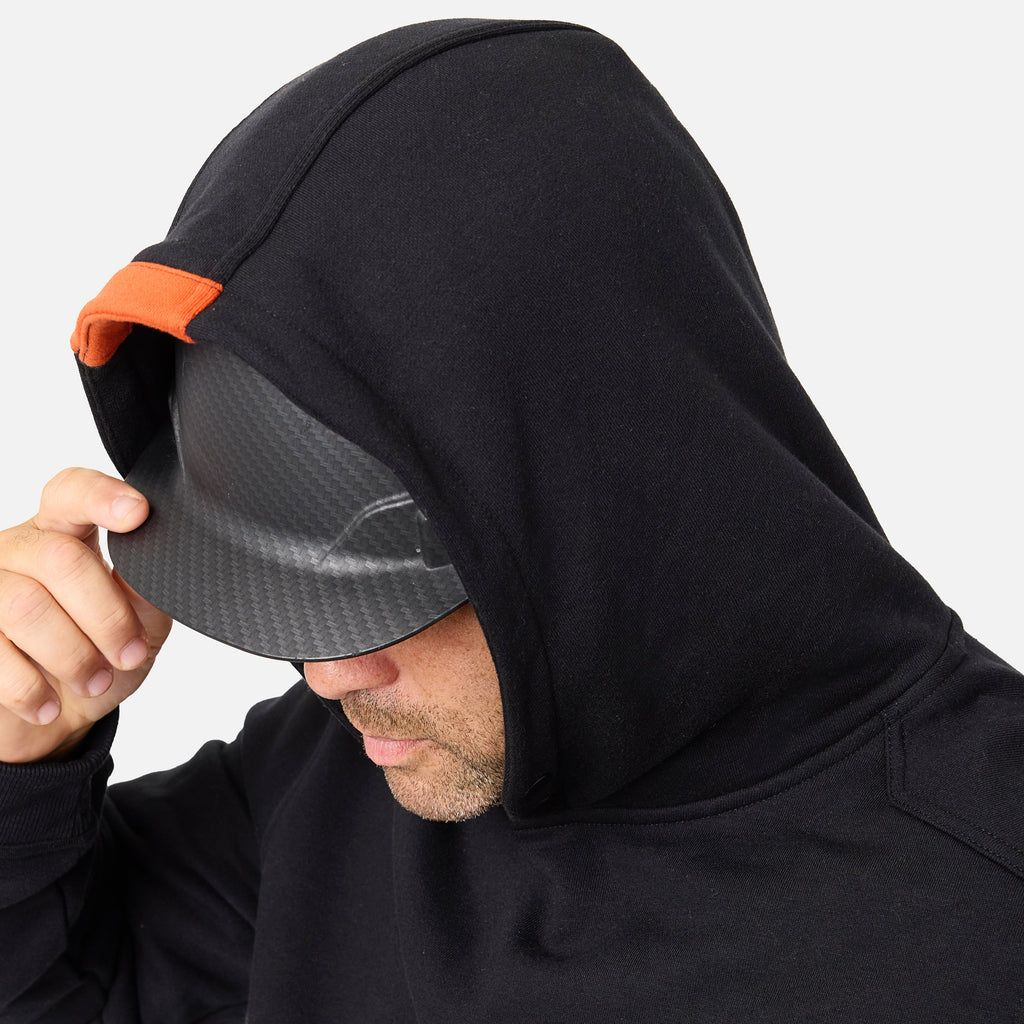 Hard hat compatible hood of the BRUNT water resistant shevlin work hoodie in black
