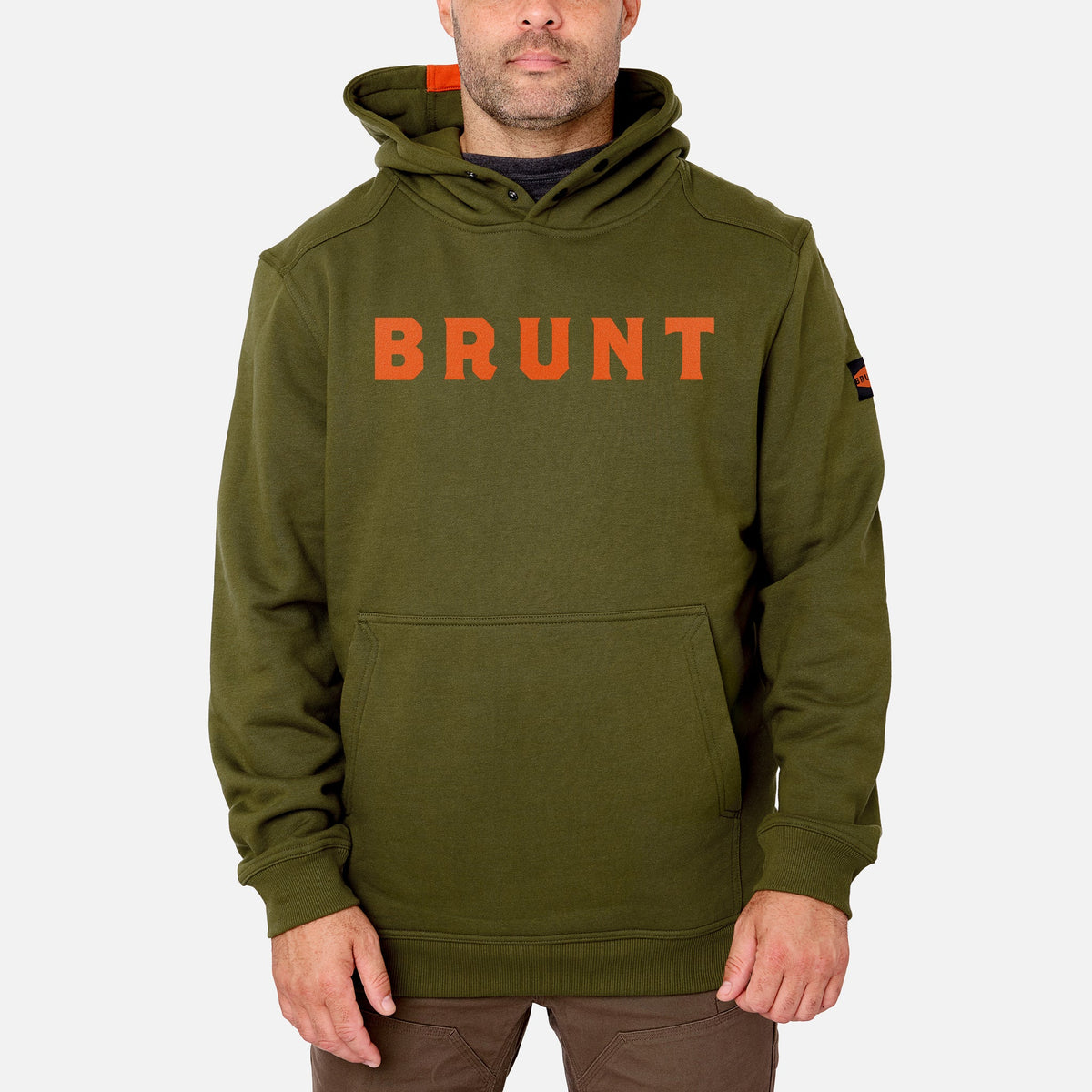 View 1 front of the limited edition BRUNT water resistant shevlin work hoodie in hunter green with BRUNT on chest * 0 # LIMITED EDITION