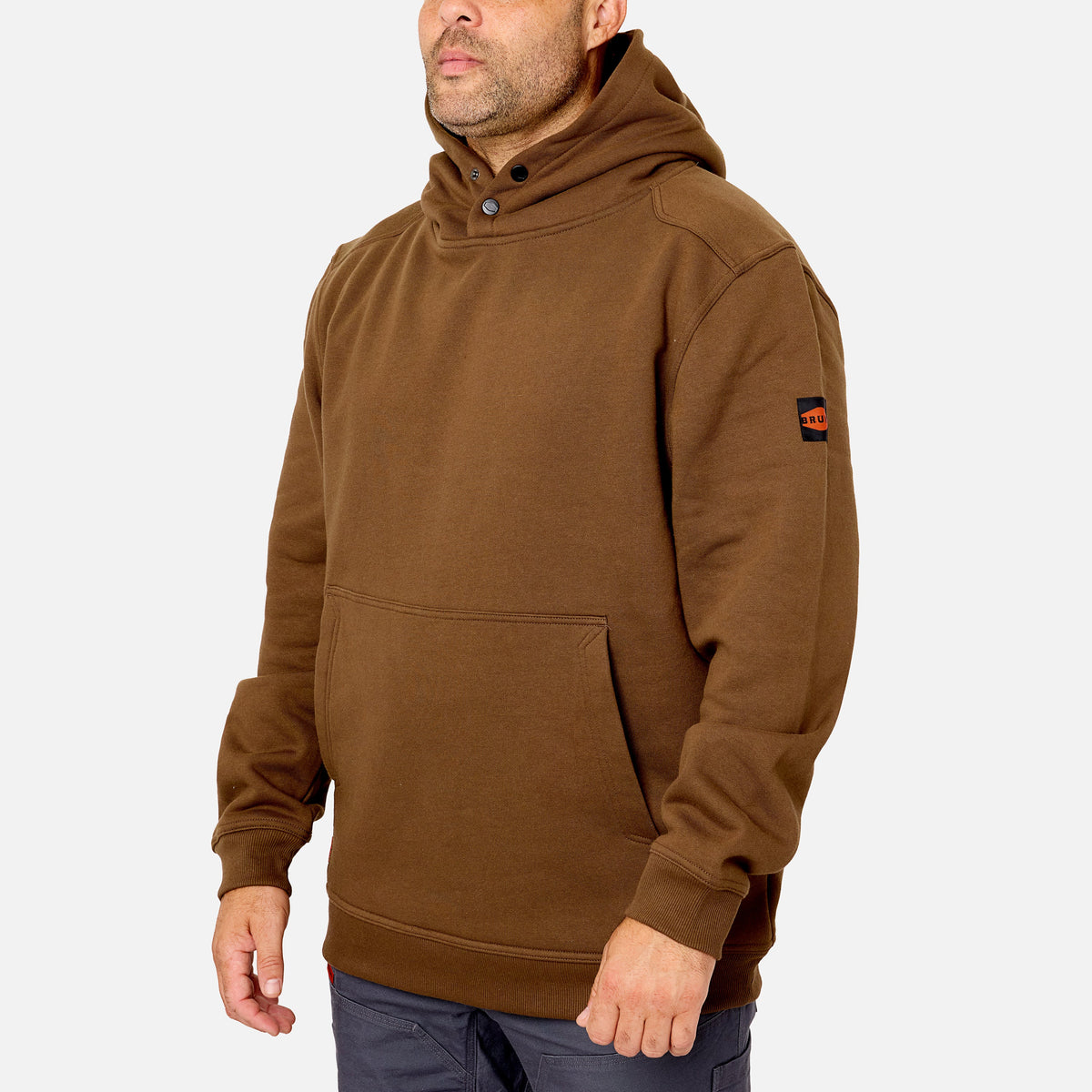 45 degree angle of the front left side of the BRUNT water resistant shevlin work hoodie in brown