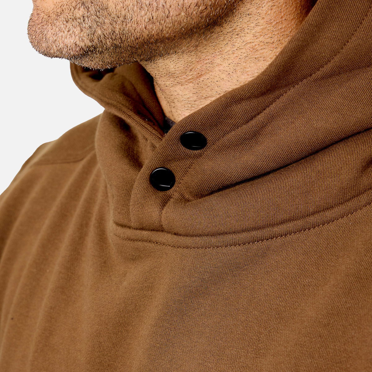 View 2 front of button snaps of the BRUNT water resistant shevlin work hoodie in brown