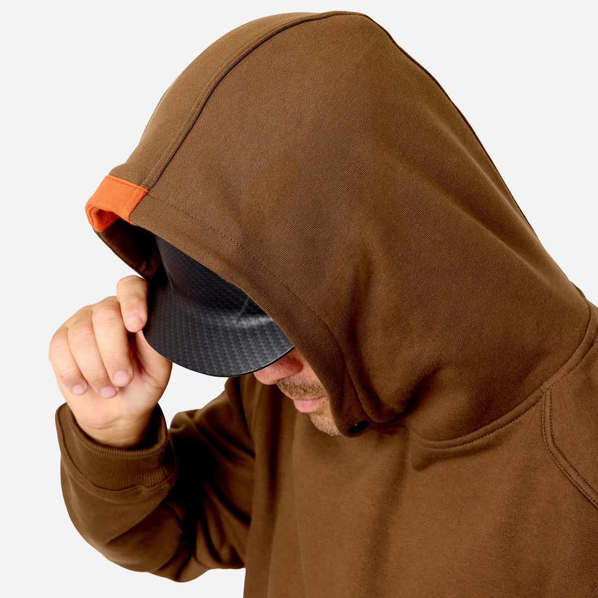 Hard hat compatible hood of the BRUNT water resistant shevlin work hoodie in brown